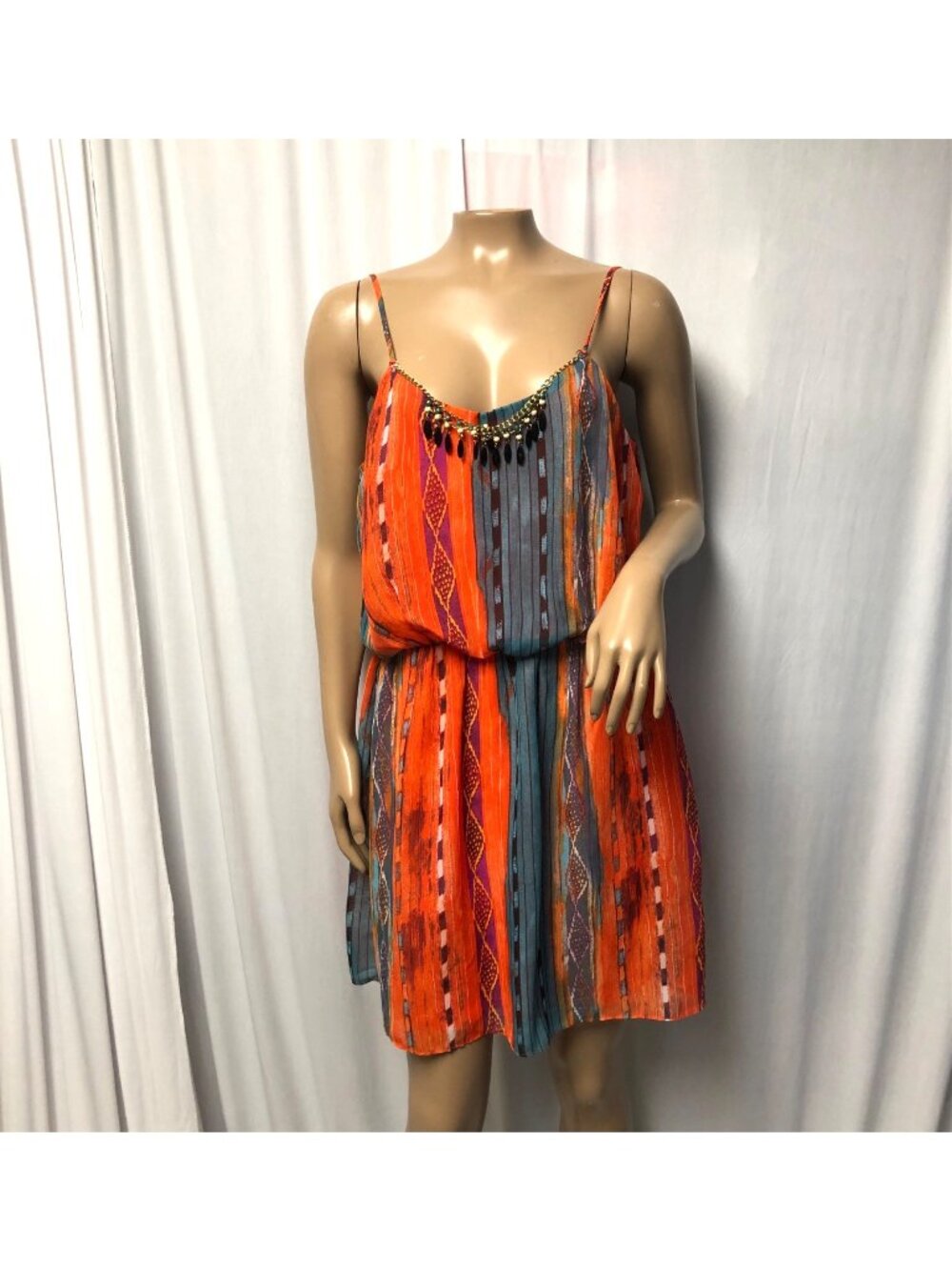 City Triangles Dress Womens Size Large Orange Teal Beaded Southwest Blouson Mini